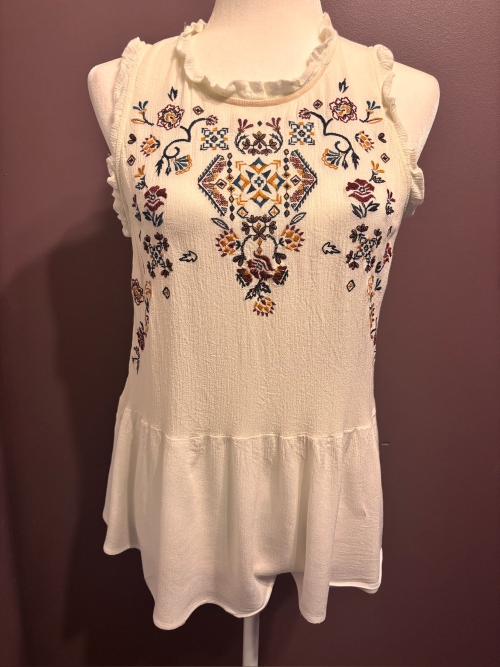 Maurices Embroidered Ivory Sleeveless Peplum Top - Gauze